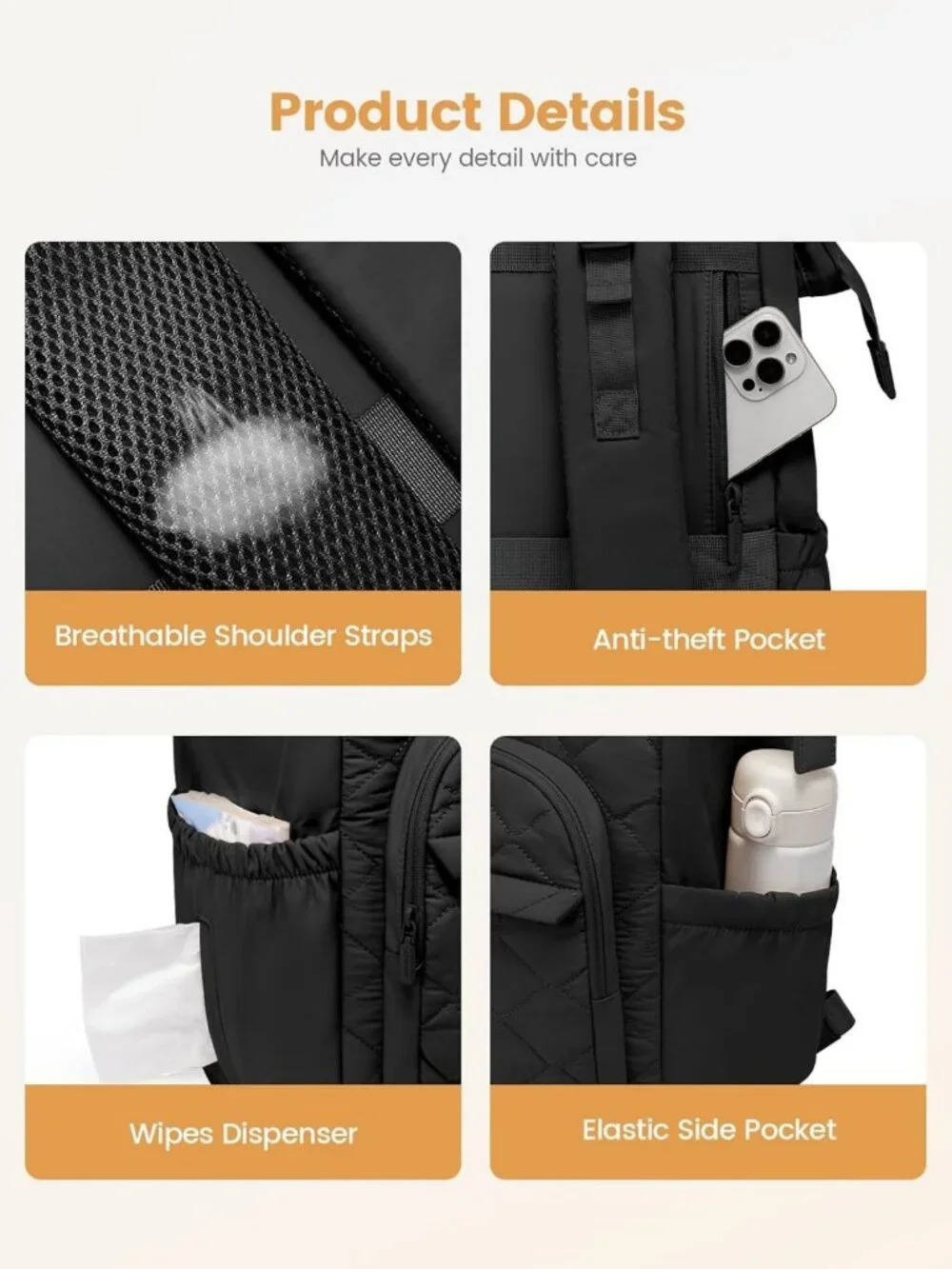 Stylish Mini Diaper Bag Backpack with Changing Pad & Stroller Straps - Black